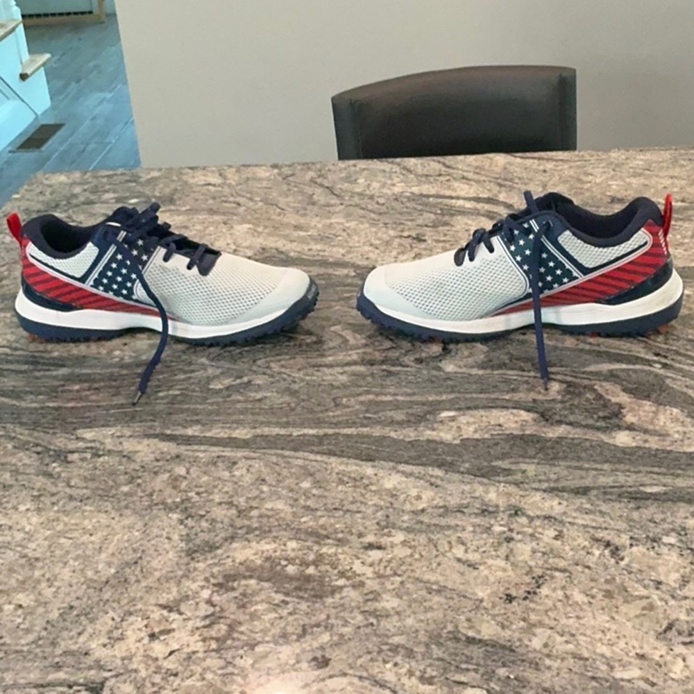 Blue and Red Athletic Shoes with Mesh Upper and Cushioned Midsole